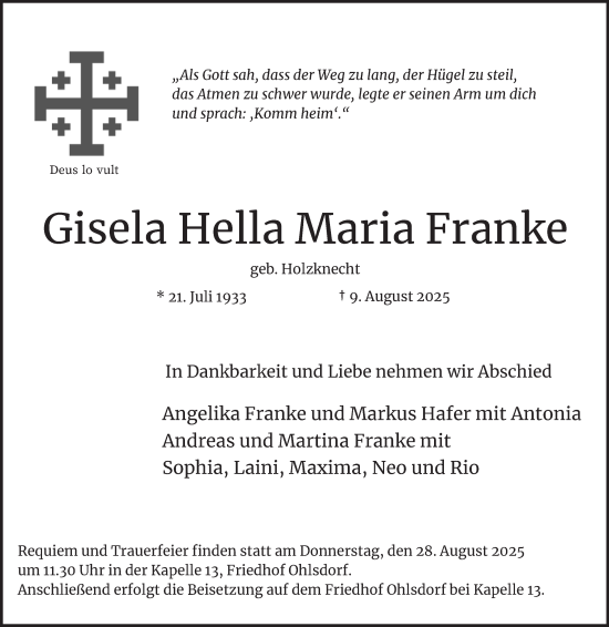 Traueranzeige von Gisela Hella Maria Franke von Hamburger Abendblatt