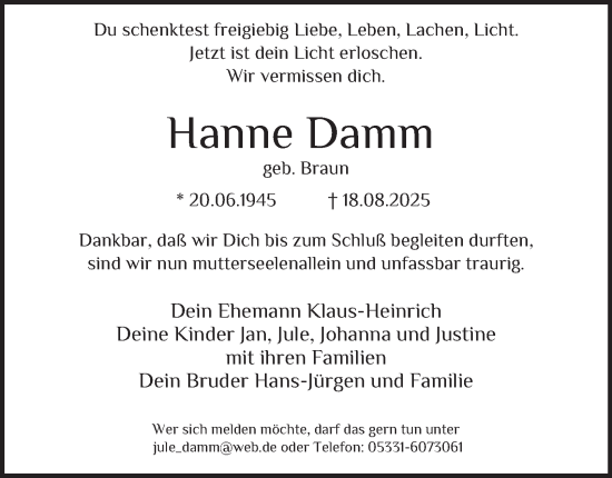 Traueranzeige von Hanne Damm von Hamburger Abendblatt