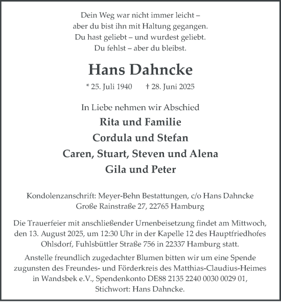 Traueranzeige von Hans Dahncke von Hamburger Abendblatt