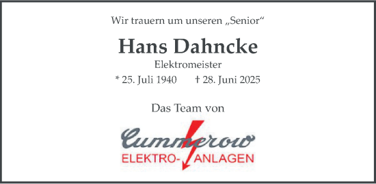 Traueranzeige von Hans Dahncke von Hamburger Abendblatt