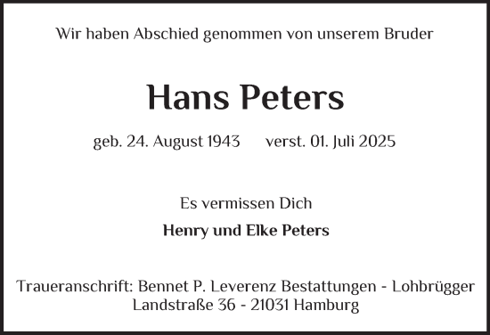 Traueranzeige von Hans Peters von Bergedorfer Zeitung