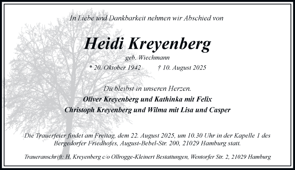  Traueranzeige für Heidi Kreyenberg vom 16.08.2025 aus Bergedorfer Zeitung