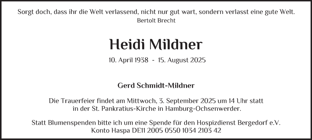  Traueranzeige für Heidi Mildner vom 23.08.2025 aus Hamburger Abendblatt, Bergedorfer Zeitung