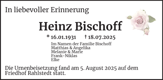 Traueranzeige von Heinz Bischoff von Bergedorfer Zeitung