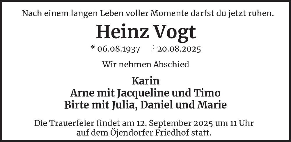  Traueranzeige für Heinz Vogt vom 30.08.2025 aus 