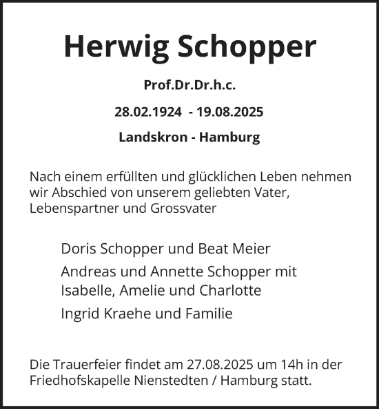 Traueranzeige von Herwig Schopper von Hamburger Abendblatt