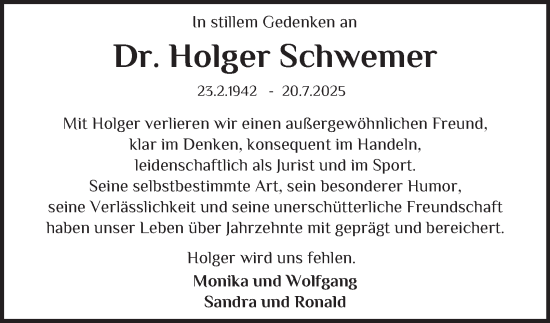 Traueranzeige von Holger Schwemer von Hamburger Abendblatt