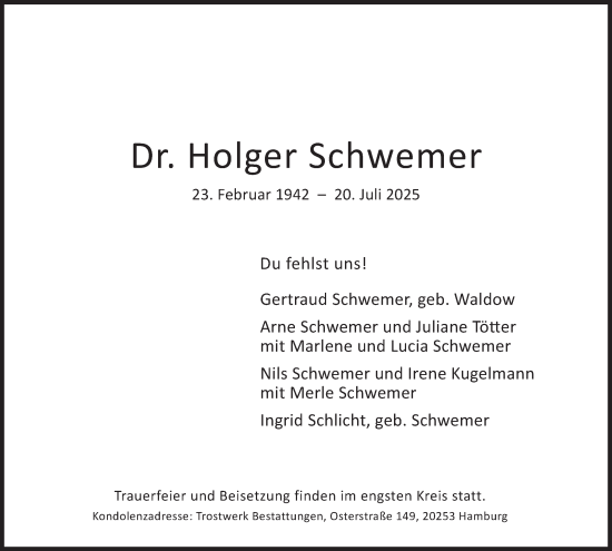 Traueranzeige von Holger Schwemer von Hamburger Abendblatt