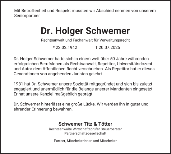 Traueranzeige von Holger Schwemer von Hamburger Abendblatt