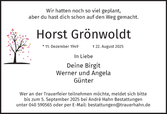 Traueranzeige von Horst Grönwoldt von Hamburger Abendblatt