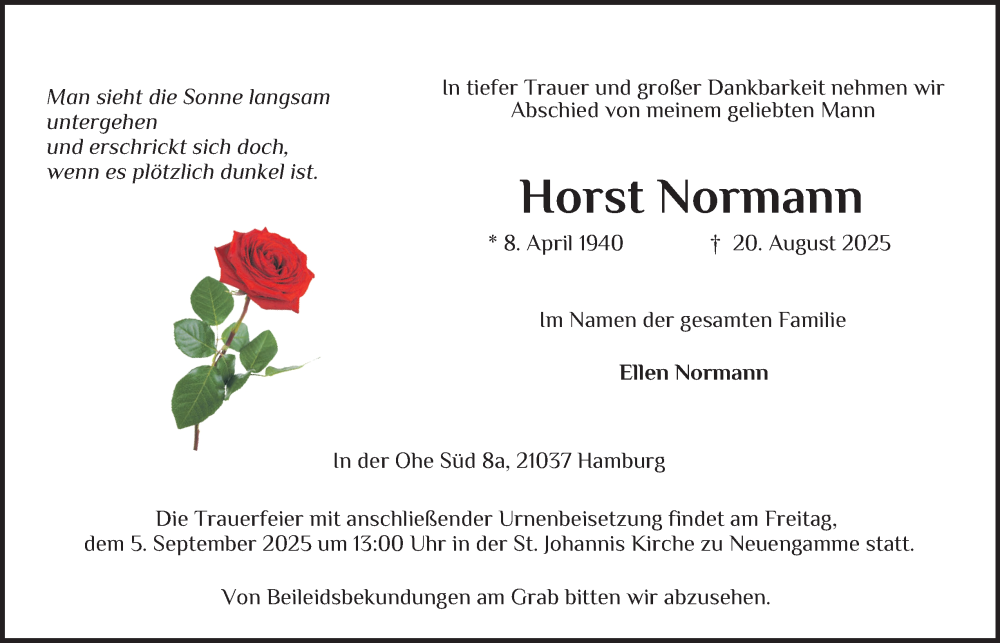  Traueranzeige für Horst Normann vom 30.08.2025 aus Bergedorfer Zeitung