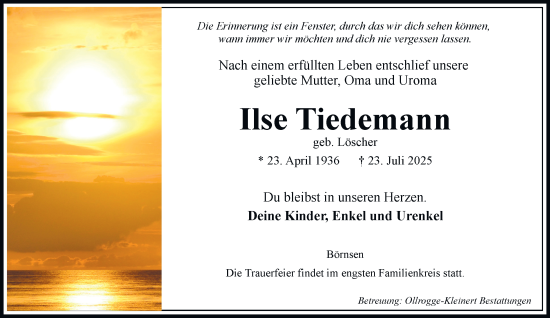 Traueranzeige von Ilse Tiedemann von Bergedorfer Zeitung
