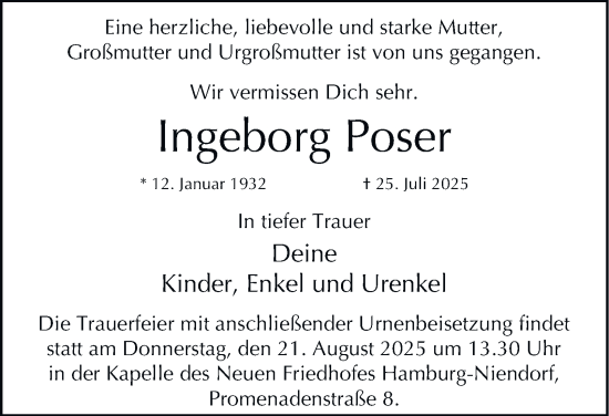 Traueranzeige von Ingeborg Poser 