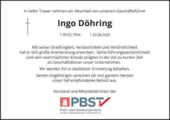 Traueranzeige von Ingo Döhring von Hamburger Abendblatt