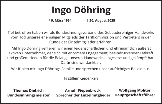 Traueranzeige von Ingo Döhring von Hamburger Abendblatt