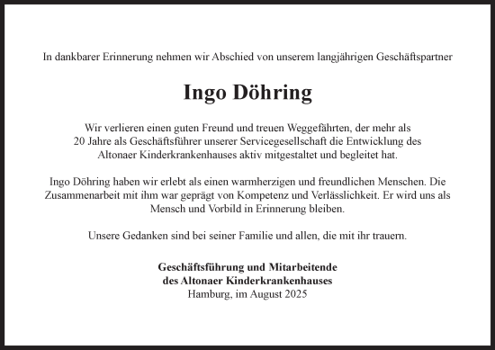 Traueranzeige von Ingo Döhring von Hamburger Abendblatt