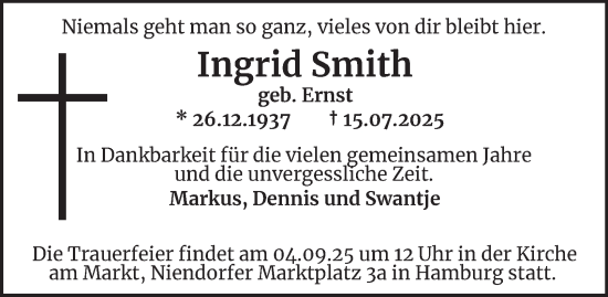 Traueranzeige von Ingrid Smith von Hamburger Abendblatt