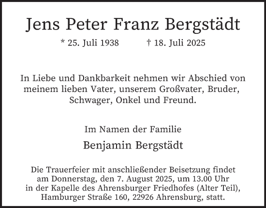 Traueranzeige von Jens Peter Franz Bergstädt von Hamburger Abendblatt