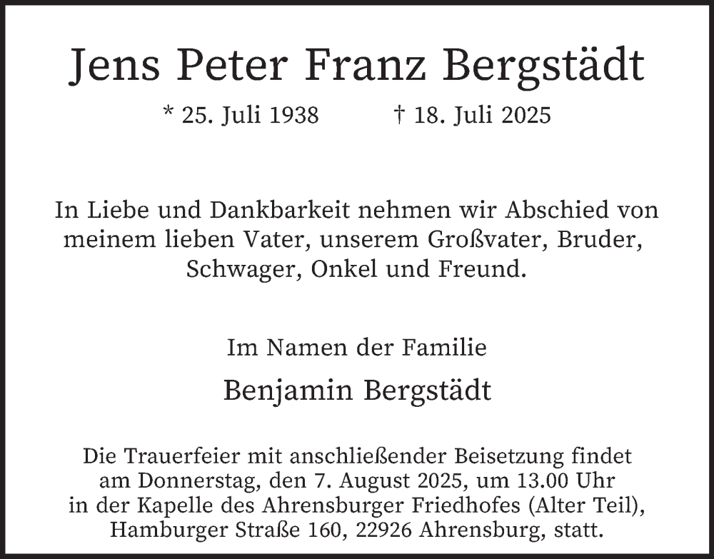  Traueranzeige für Jens Peter Franz Bergstädt vom 02.08.2025 aus Hamburger Abendblatt