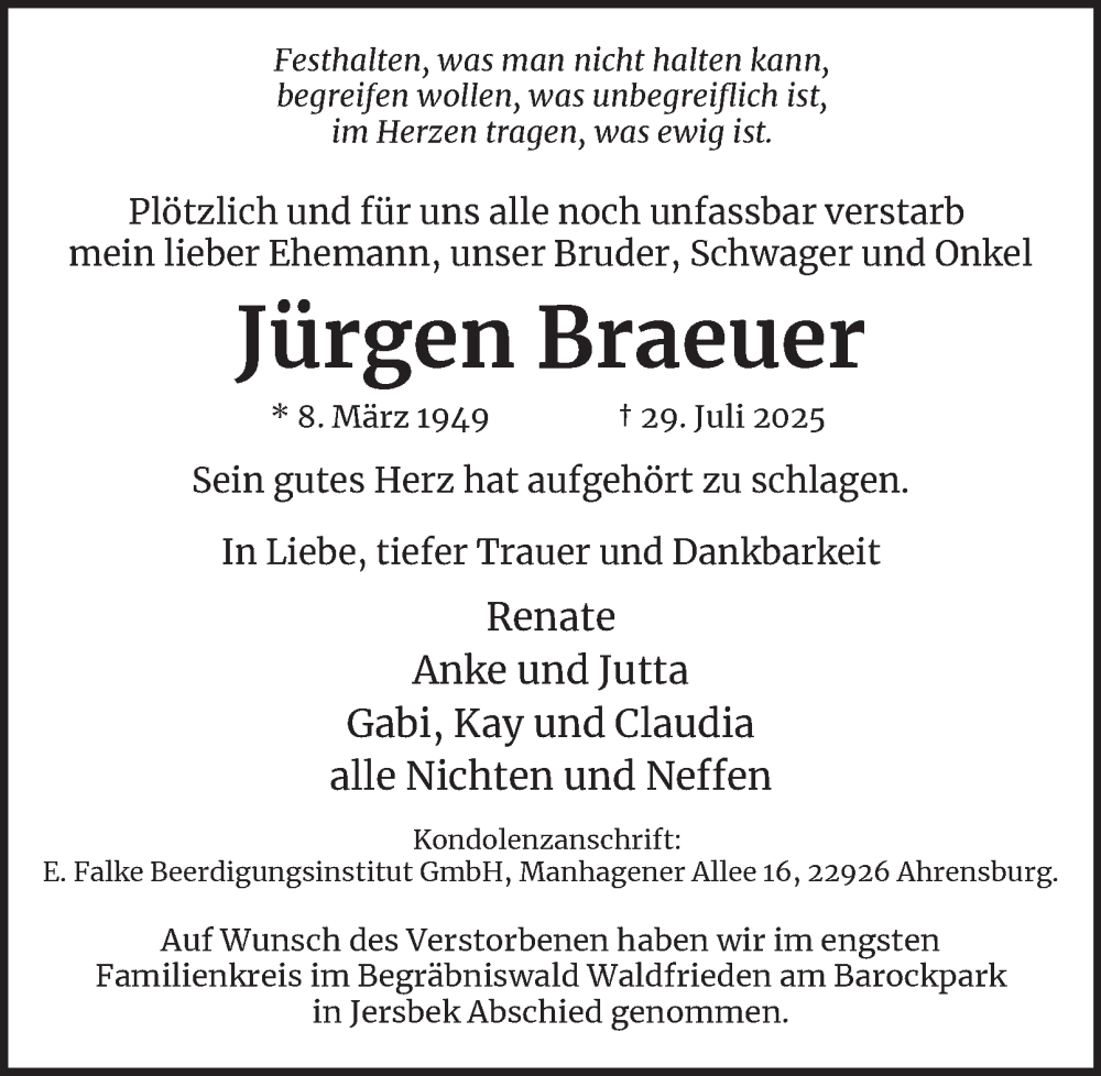  Traueranzeige für Jürgen Braeuer vom 23.08.2025 aus Hamburger Abendblatt