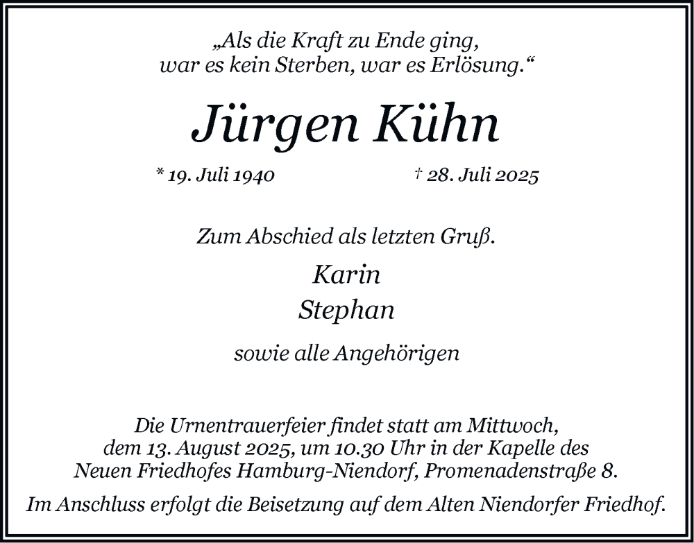  Traueranzeige für Jürgen Kühn vom 09.08.2025 aus 
