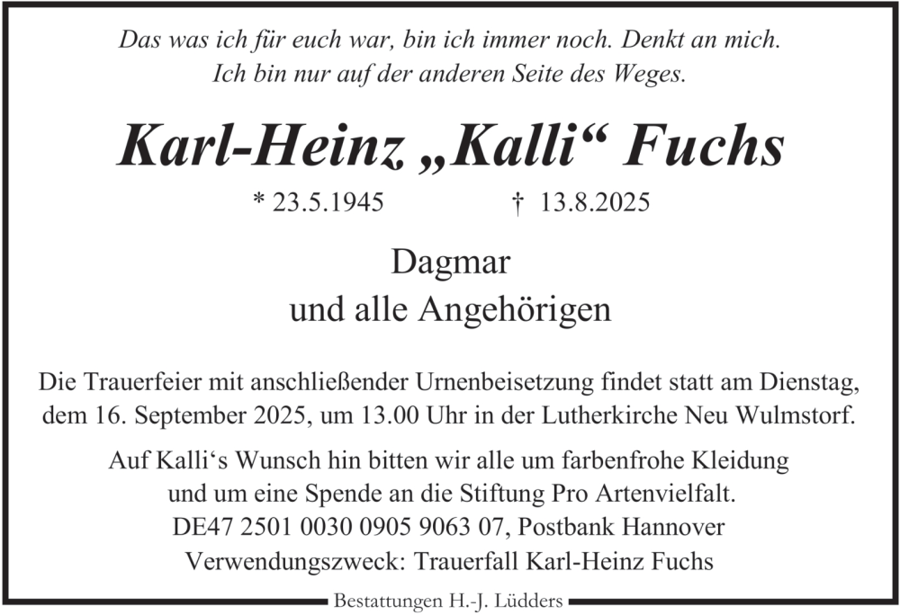  Traueranzeige für Karl-Heinz Fuchs vom 30.08.2025 aus Hamburger Abendblatt