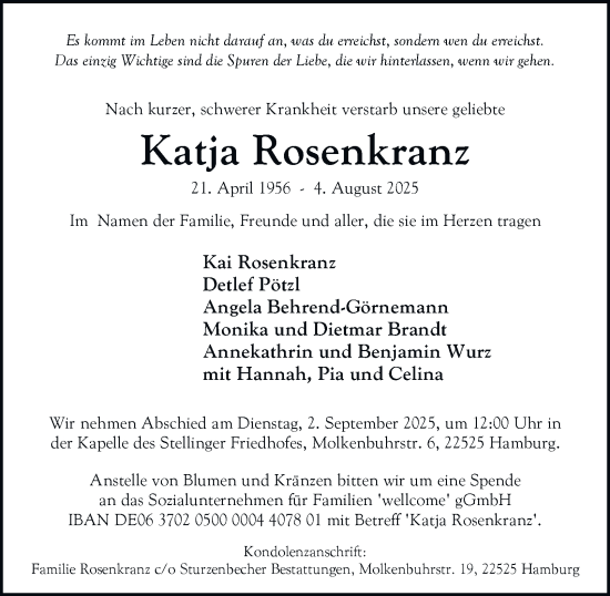 Traueranzeige von Katja Rosenkranz von Hamburger Abendblatt
