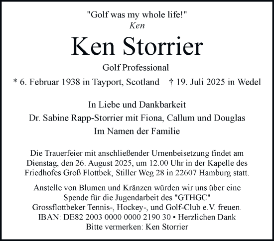 Traueranzeige von Ken Storrier von Hamburger Abendblatt