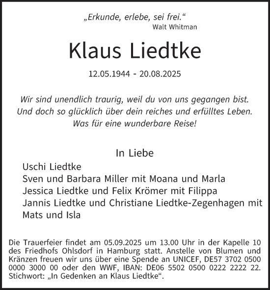 Traueranzeige von Klaus Liedtke von Hamburger Abendblatt