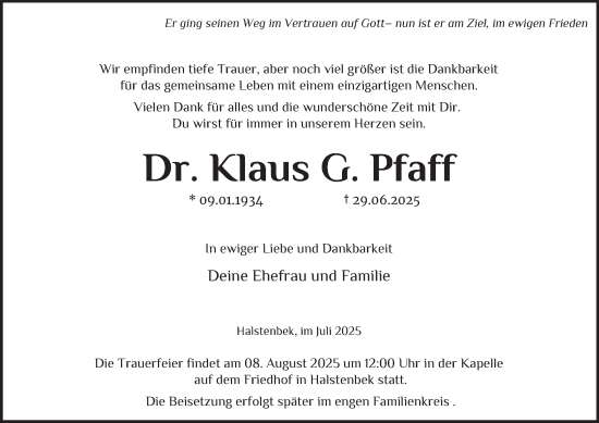 Traueranzeige von Klaus G. Pfaff von Hamburger Abendblatt