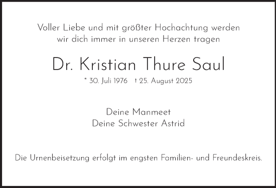 Traueranzeige von Kristian Thure Saul von Hamburger Abendblatt