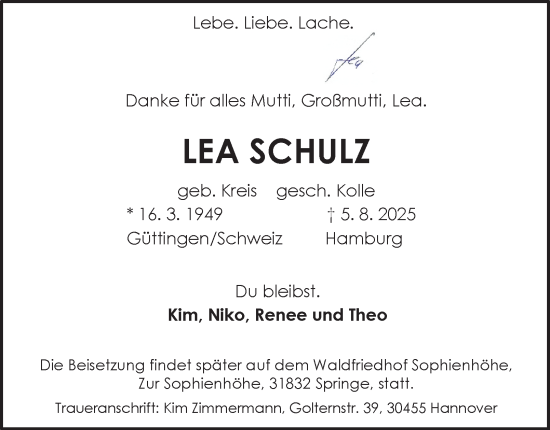 Traueranzeige von Lea Schulz von Hamburger Abendblatt