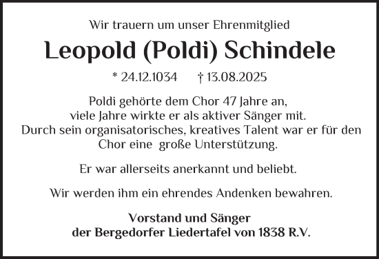 Traueranzeige von Leopold Schindele von Bergedorfer Zeitung