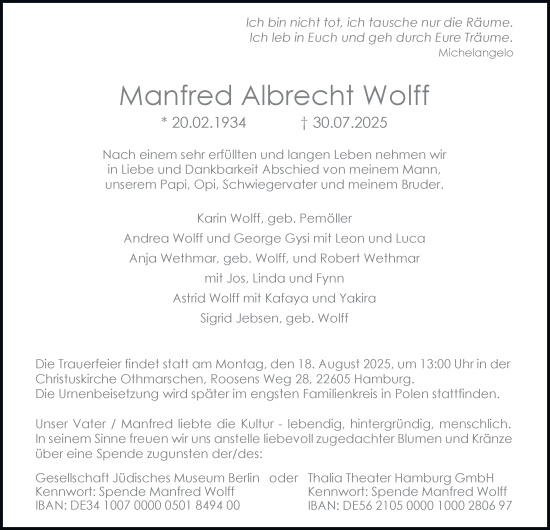 Traueranzeige von Manfred Wolff von Hamburger Abendblatt