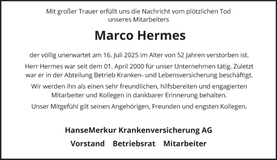 Traueranzeige von Marco Hermes von Hamburger Abendblatt