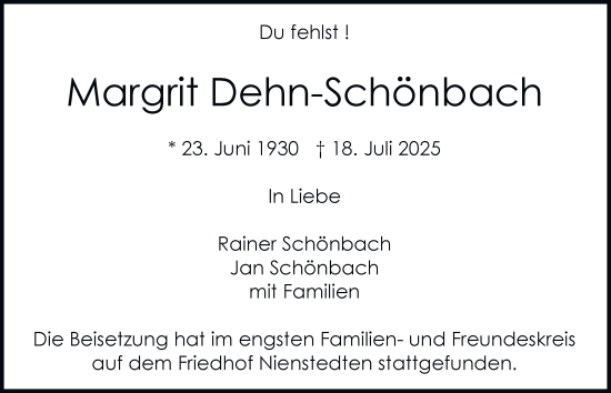 Traueranzeige von Margrit Dehn-Schönbach von Hamburger Abendblatt