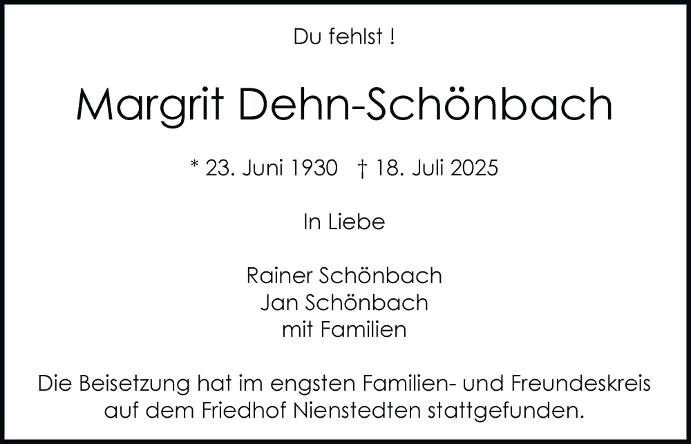  Traueranzeige für Margrit Dehn-Schönbach vom 09.08.2025 aus Hamburger Abendblatt