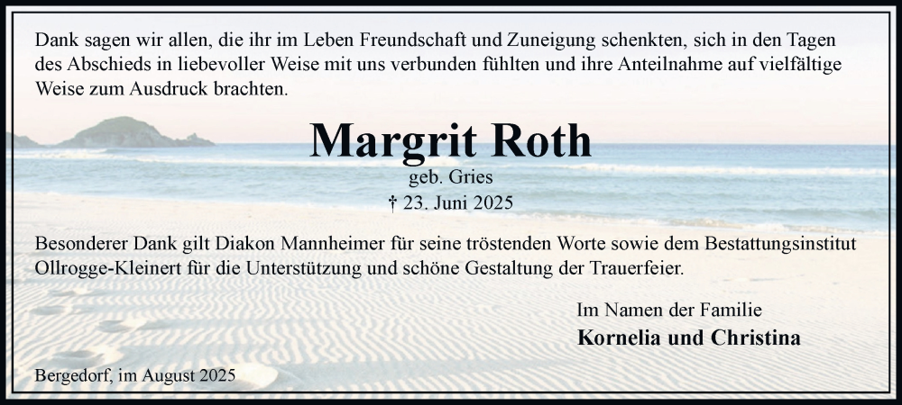  Traueranzeige für Margrit Roth vom 02.08.2025 aus Bergedorfer Zeitung