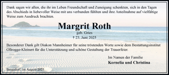 Traueranzeige von Margrit Roth von Bergedorfer Zeitung