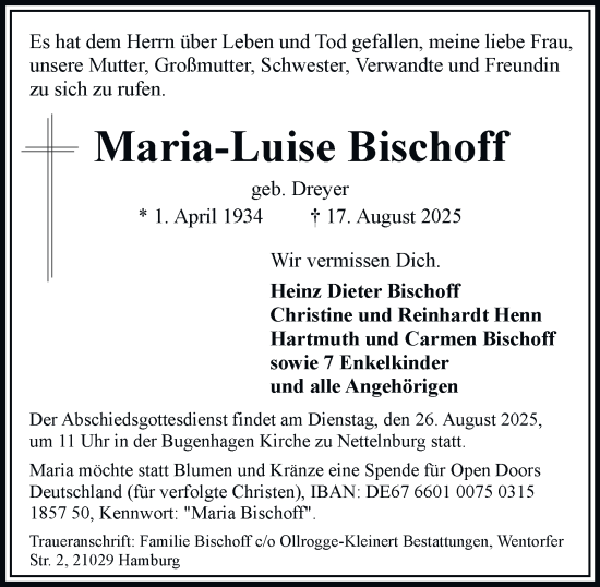 Traueranzeige von Maria-Luise Bischoff von Bergedorfer Zeitung