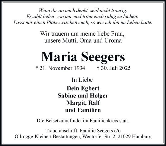 Traueranzeige von Maria Seegers von Bergedorfer Zeitung