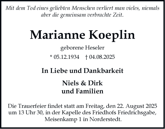 Traueranzeige von Marianne Koeplin von HA Regio Norderstedt