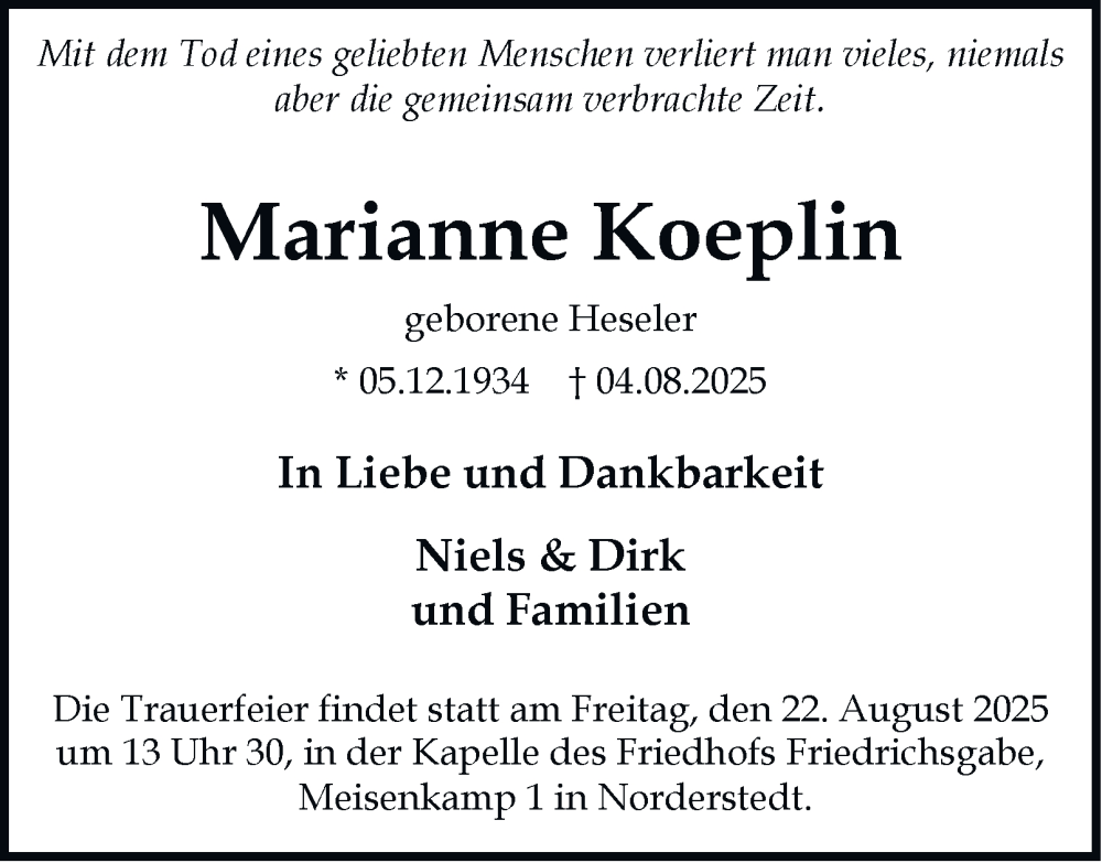  Traueranzeige für Marianne Koeplin vom 16.08.2025 aus HA Regio Norderstedt