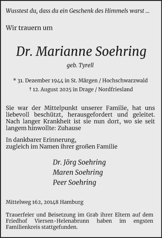 Traueranzeige von Marianne Soehring von Hamburger Abendblatt