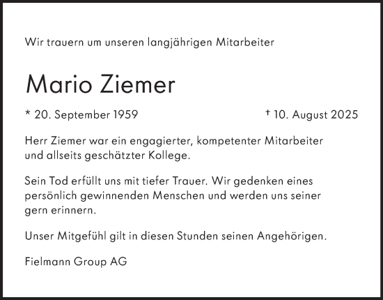 Traueranzeige von Mario Ziemer von Hamburger Abendblatt