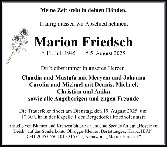 Traueranzeige von Marion Friedsch von Bergedorfer Zeitung