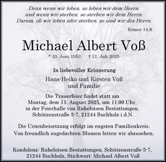 Traueranzeige von Michael Albert Voß von Hamburger Abendblatt