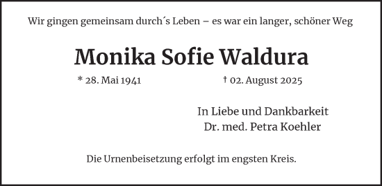 Traueranzeige von Monika Sofie Waldura von Hamburger Abendblatt