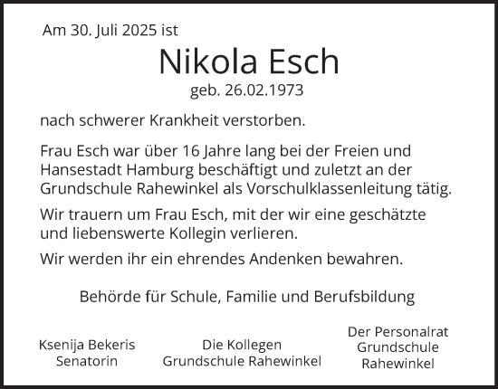 Traueranzeige von Nikola Esch von Hamburger Abendblatt