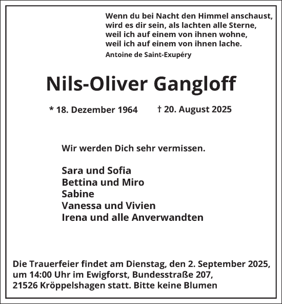 Traueranzeige von Nils-Oliver Gangloff von Bergedorfer Zeitung